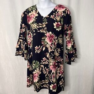 Gilli Navy Floral Dress Bell Sleeves | Size Large | Grandma Cottagecore